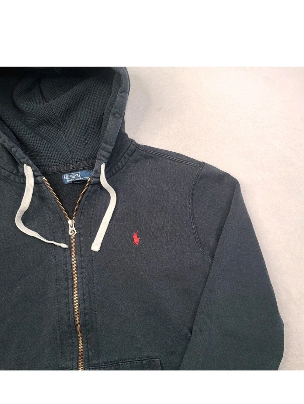 Vintage Polo Ralph Lauren Hoodie Mens 2XL Black Heavy Full Zip Thermal Fade Y2K